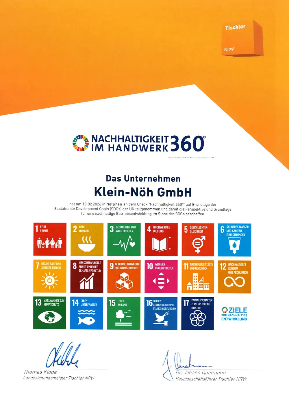 Zertifikat Nachhaltigkeit 360° im Handwerk für die Klein-Nöh GmbH